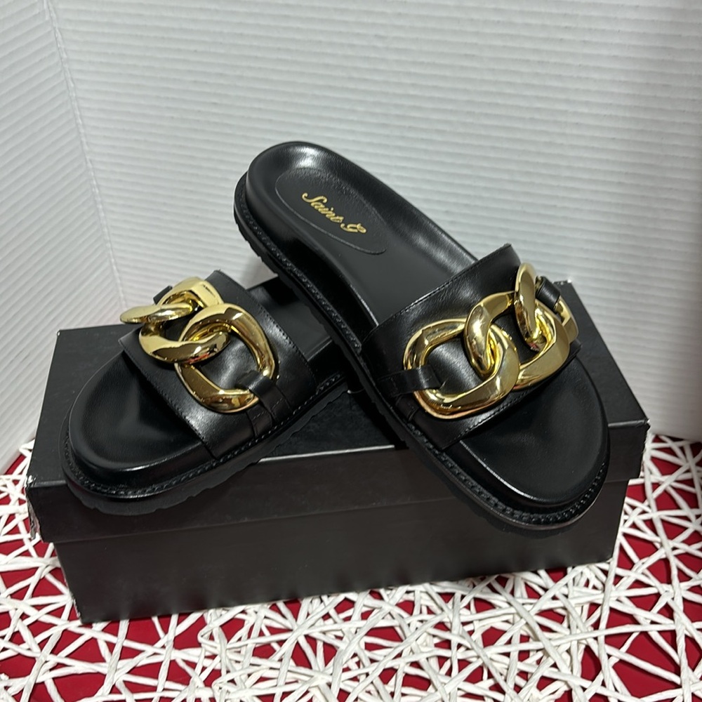 SAINT G 6M Alexa Chain Detail Black Slip On Sandal Flip Flops Slides NWB